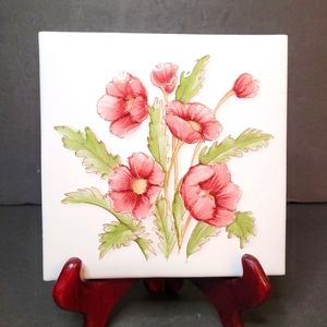 Beautiful Ceramic Tile Trivet with Pink Flowers 🌺 COBSA 🌺 Made in Spain EUC